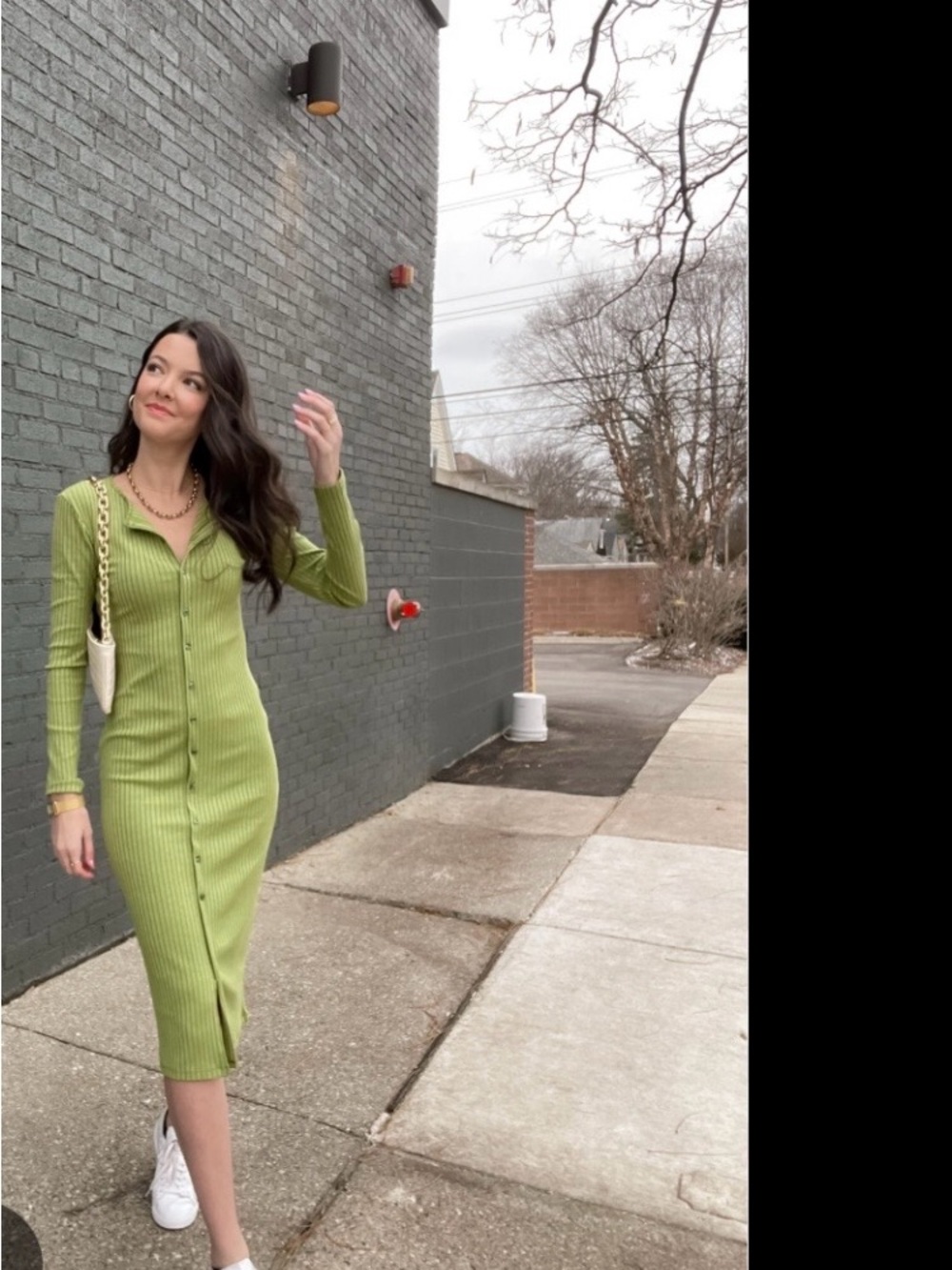 Zara Lime Green Rib-Knit Button-Front Midi Dress